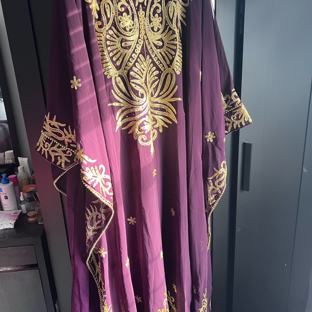 Elegant Purple and Gold Embroidered Women's Kaftan chiffon lined 59 inch long .